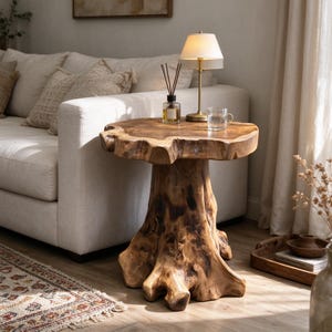 May include: A side table crafted from a natural tree stump with a smooth, circular wooden top and a thick, textured base featuring visible wood grain, knots, and organic, irregular edges in a warm, medium-brown finish.