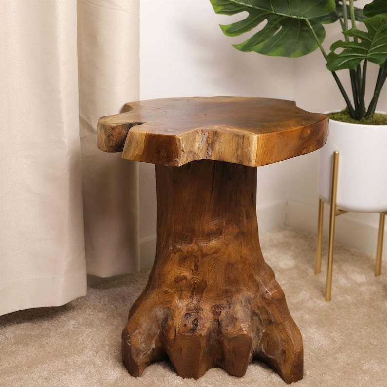 May include: A natural wood side table with a round top and a unique tree trunk base. The table is made of solid wood and has a rustic, organic look.