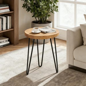 Rustic Teak Wood End Table: Live Edge Accent Table with Hairpin Legs