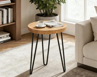 Rustic Teak Wood End Table: Live Edge Accent Table with Hairpin Legs