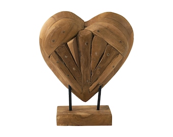 Handcrafted Teak Wood Heart Sculpture: Rustic Home Decor with Stand