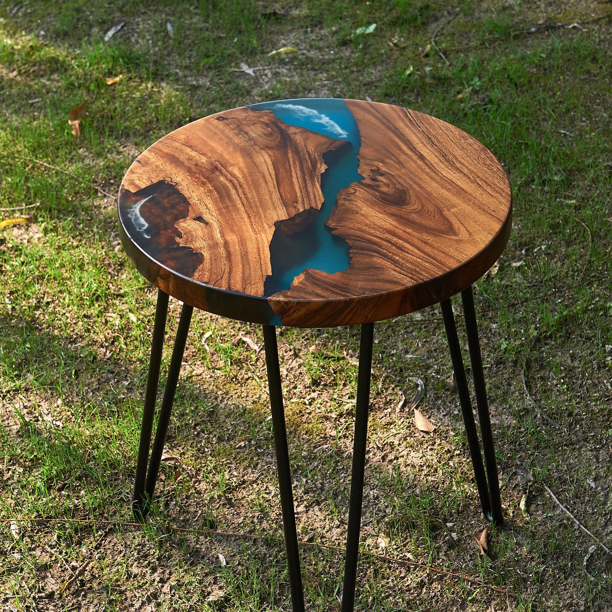 Blue Epoxy Resin Side Table: Ocean Wave Coffee Table, Mid-Century Modern Accent Table, Handmade Coastal furniture