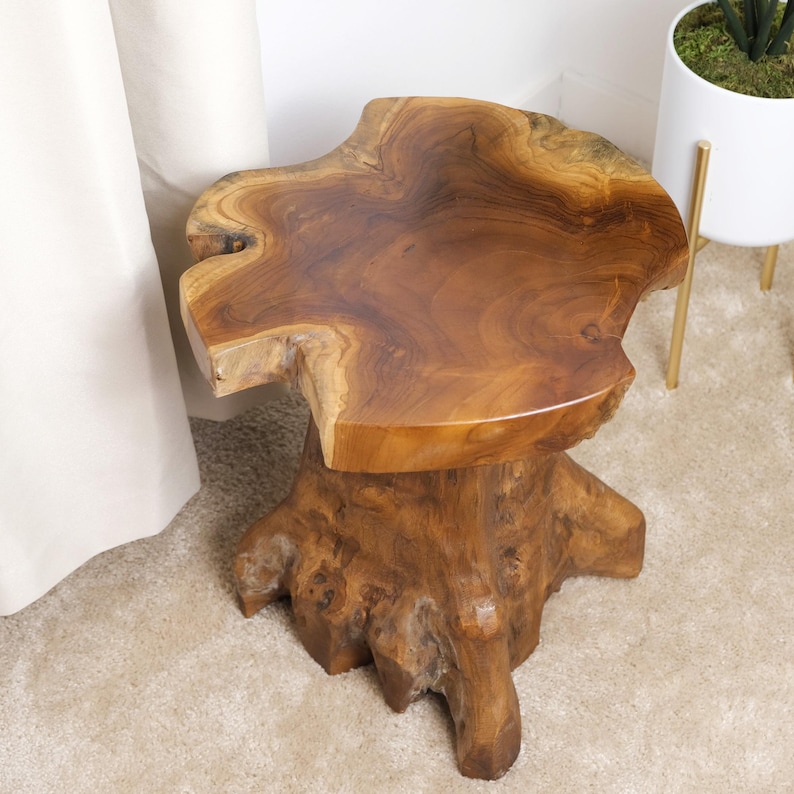 May include: A natural wood side table with a unique, irregular top and a sturdy, tree-trunk-like base.