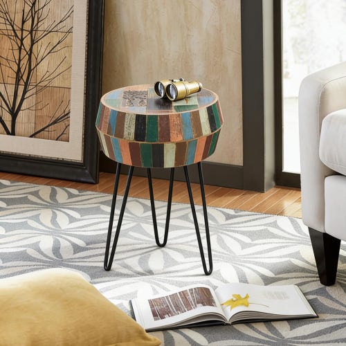 Table d'appoint en bois de récupération sculpté à la main : tambour bohème coloré avec pieds en épingle à cheveux, cadeaux déco des fêtes
