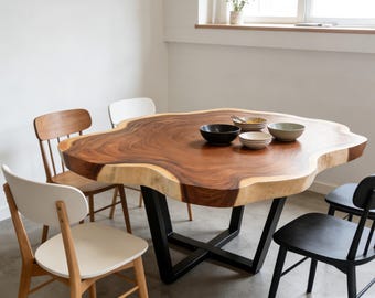 76.75" Round Handcrafted Live Edge Acacia Wood Dining Table with Heavy Iron Legs