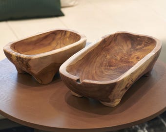 Handcrafted Teak Wood Decorative Bowl with Feet: Rustic Entryway Decor