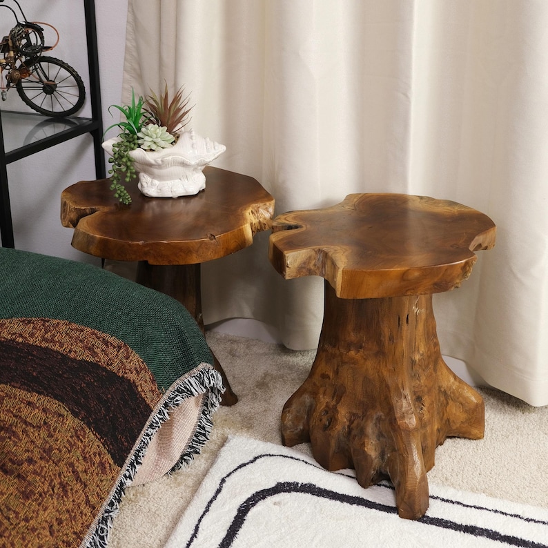 May include: Two wooden end tables with natural brown wood grain. The tables are shaped like tree stumps with a round top. The table on the left has a white ceramic planter with a succulent plant on top. The table on the right is on a white rug with black stripes.