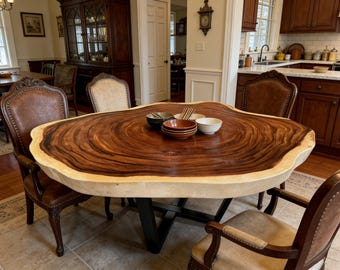76.75" Round Handcrafted Live Edge Acacia Wood Dining Table with Heavy Iron Legs