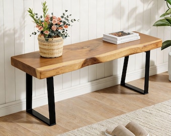 Rustic Acacia Wood Bench with Butterfly Inlay – Farmhouse Entryway Decor, Live Edge Design