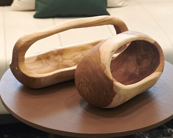 Handmade Teak Wooden  Basket with Handle: Rustic Wooden Display, Housewarming Gift, Holiday Decor Gifts