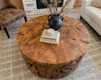 Handmade Teak Root Coffee Table, 38.6" Round Live Edge Furniture, Organic Modern Decor