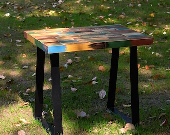 Handcrafted Reclaimed Wood Side Table: Patchwork Accent Table with Metal Legs