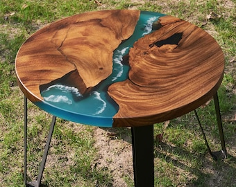 Blue Epoxy Resin Side Table: Handmade Ocean Wave Coastal Decor, Holiday Decor Gifts