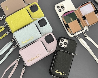 Personalized Leather iPhone Wallet Case, Crossbody Strap