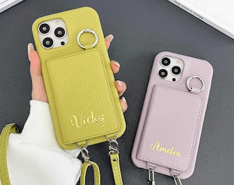 Personalized Leather iPhone 17 Case: Crossbody Strap with Card Wallet