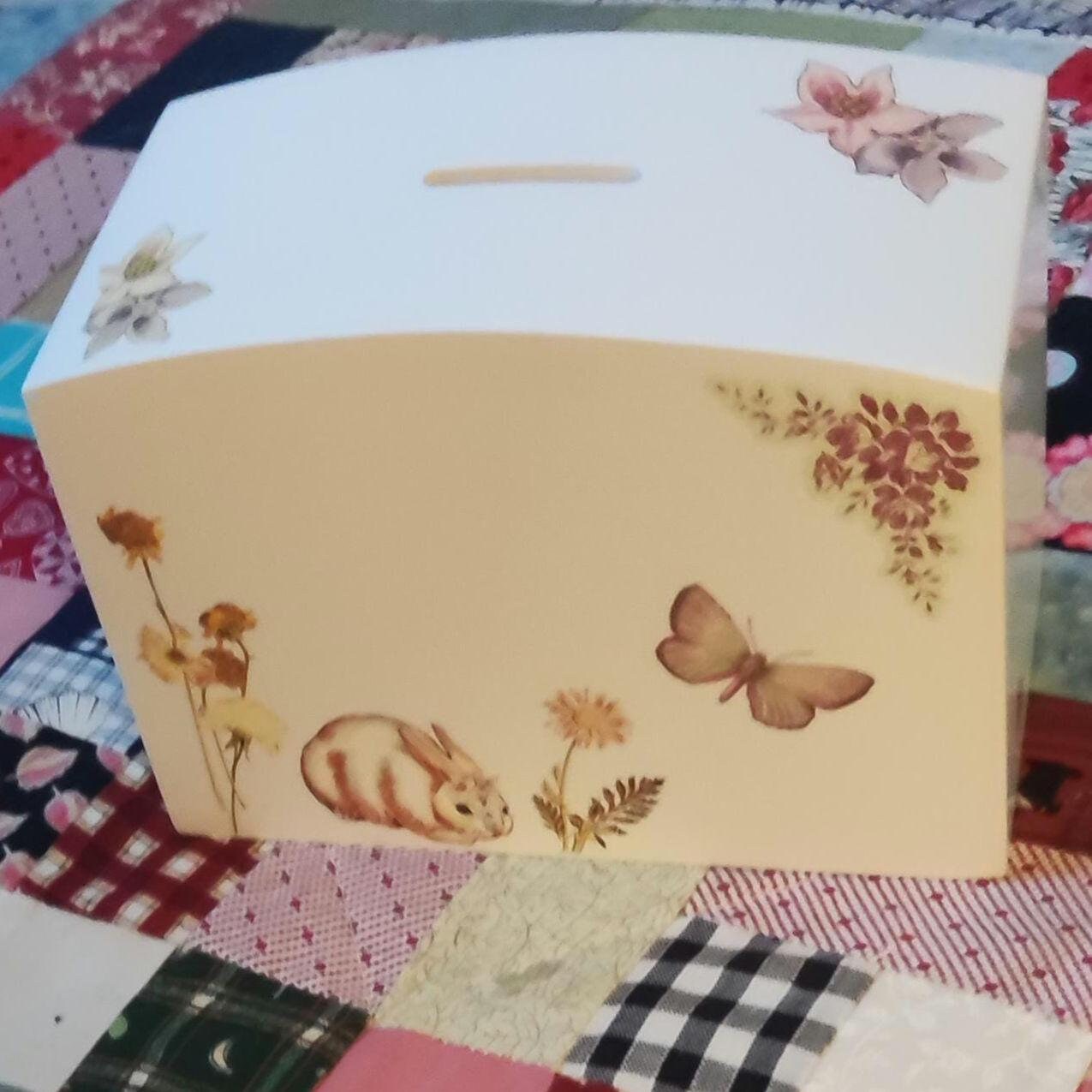 money box - white wooden money box - birthday gift - daughter gifts - floral money box - money storage box - rabbit money box - gift for her