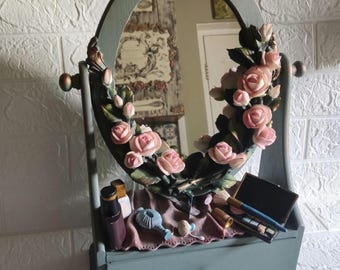 up cycled vanity mirror and drawer - dressing table decor - bathroom decor - jewellery box - refurbished - vintage - home decor - florals