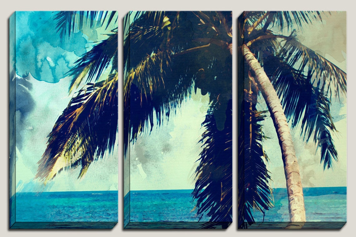 Watercolor art palm tree canvas art watercolor print decorations abstract watercolor caribbean beach coastal triptych photography