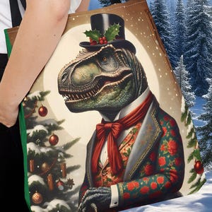 Tote Bag | T-rex Holiday Reusable Bag | Festive Dinosaur Carryall | Festive T-rex Gift Bag | Dickens of Christmas Bag | Victorian Christmas