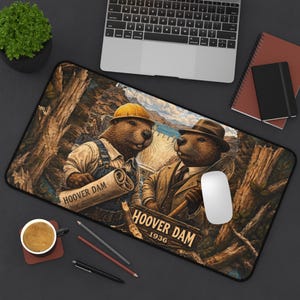 May include: A rectangular desk mat featuring an illustration of two beavers dressed as construction workers and engineers, one holding a blueprint labelled HOOVER DAM and the other a shovel, with text reading HOOVER DAM 1936 in a forest setting.
