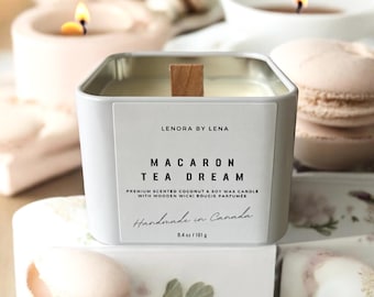 Macaron Teetraum| Kokosnuss Soja Kerze | Premium-Duft | Holzdocht| Wohnkultur | Personalisiertes maßgeschneidertes Geschenk | Beruhigend| Entspannend