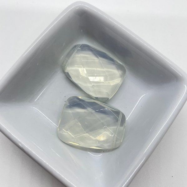 Opal Sea Glass Beads, 2 Beads - flat faceted cut, top drilled rectangles, average 30x22mm - G143