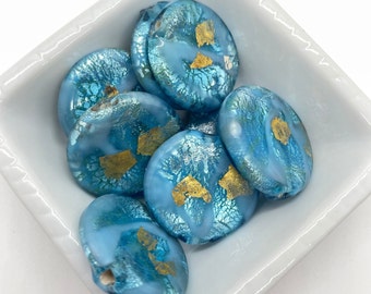 Turquoise Glass Bead with Gold Leaf Accents, 1.25" round Focal Bead - G148