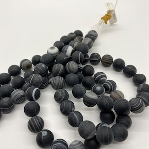 14mm Striped Black Agate Smooth Round Beads - 16&quot; strand - G9