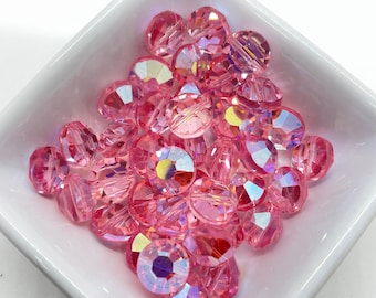 RARE Swarovski Crystal Beads - Light Rose AB colored, 10mm flat faceted round beads - THIRTEEN beads - G157