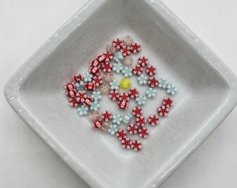 Tiny Flower Beads, Red Flowers, Yellow Flowers, Blue Flowers - 62 beads G255