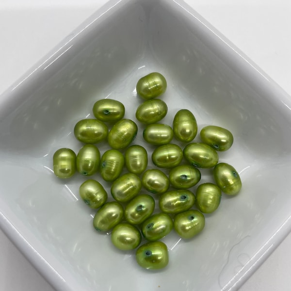 9x6mm Bright Green Freshwater Pearl Beads - about 27 beads - potato shape, center drilled - G73