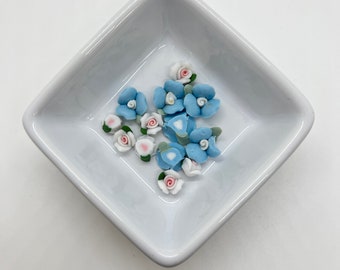 Handmade Clay Flowers, averaging 8-11mm round, blue flowers and white flowers G254
