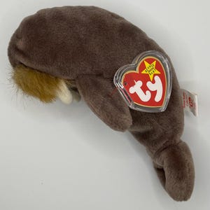 May include: A brown plush walrus toy with a tag that reads "Beanie Baby". The walrus has a tan mustache and white tusks. The toy is made of soft, plush material.
