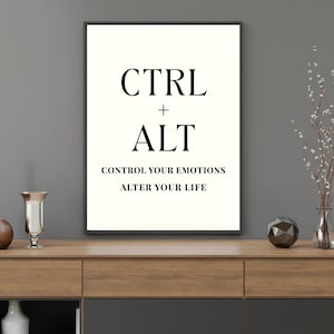 Puede incluir: Un cuadro enmarcado con las palabras "CTRL + ALT" sobre el texto "CONTROL YOUR EMOTIONS ALTER YOUR LIFE" en negro sobre un fondo blanco. El cuadro se exhibe sobre un mueble de madera.
