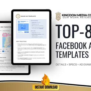 Puede incluir: Una guía de marketing digital con el título "Top-8 Plantillas de Anuncios de Facebook" y el subtítulo "Detalles + Especificaciones + Ejemplos de Anuncios". La guía es de Kingdom Media Co. y presenta un gráfico de una llama en llamas con el texto "Descarga instantánea".