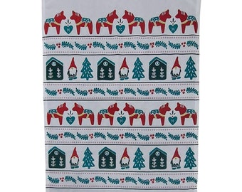 Tea Towel- Scandinavian Gnome and Dala Horse Red and Green