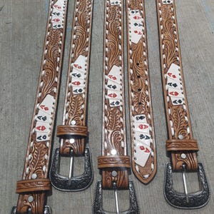 Tooled leather Western Belt, deck of cards detail finish,