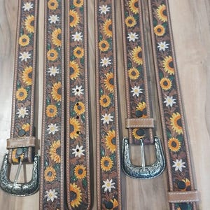 Tooled leather western belt with sunflower detail and your choice of buckle