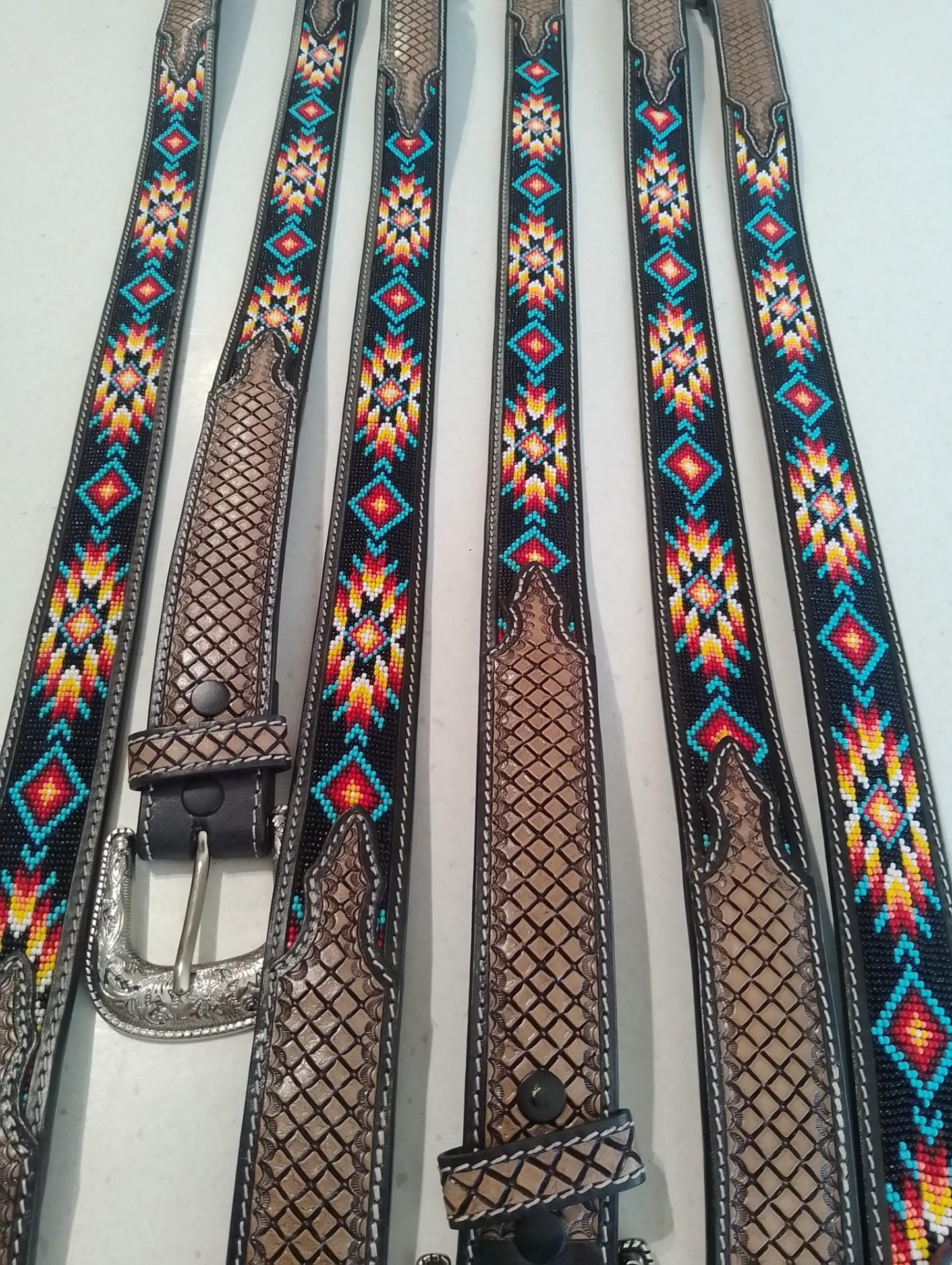 Tooled Leather Western Belt With Aztec Beading - Etsy