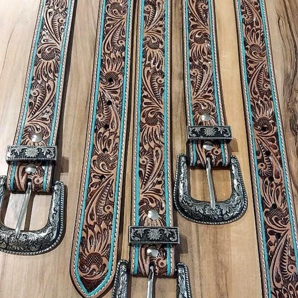 Full-grain leather Hand-tooled Western Belt/teal edge PLEASE read size description below