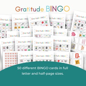 Juego de bingo de gratitud: 50 cartas únicas en 2 tamaños, perfecto para reuniones de niños y adultos