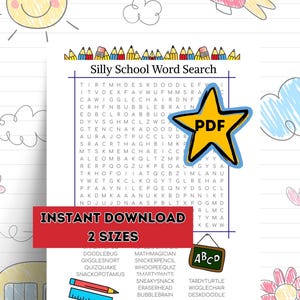 以下が含まれることがあります： 「Silly School Word Search」というタイトルのカラフルな単語検索パズル、PDFアイコン付き。画像には「Instant Download」と「2 Sizes」の文字が含まれています。背景には、太陽、雲、花のハンドドローイングイラストが描かれています。