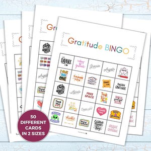 Gratitude BINGO Game - 50 Unique Cards in Full and Half Sheet Sizes - Celebrate Thankfulness with this Fun Game for Kids and Adults