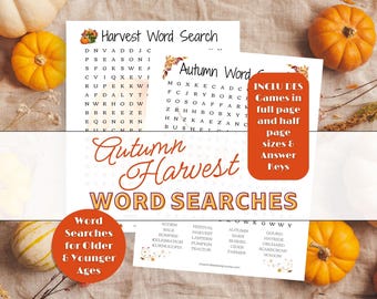 May include: An overhead shot features autumn-themed word search games with pumpkins and fall foliage. The games include full and half-page sizes and answer keys. The text reads "Autumn Harvest Word Searches" and "Word Searches for Older & Younger Ages."
