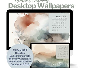 Neutral Calming Desktop Wallpapers with Monthly Calendars, October 2025 through December 2026, 15 Minimalist Backgrounds, PC and Mac