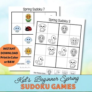 Puede incluir: Dos rompecabezas de Sudoku con temática primaveral para niños. Los rompecabezas presentan ilustraciones coloridas de un girasol, una mariquita, nubes y sol. El texto dice "Descarga instantánea Imprimir en color o B&N" y "Juegos de Sudoku de primavera para principiantes para niños."