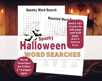 Può includere: Ricerca di parole di Halloween spettrali con giochi di ricerca di parole per grandi e piccini. Include formati a pagina intera e mezza pagina e chiavi di risposta. L'immagine presenta giochi di ricerca di parole con parole a tema Halloween.