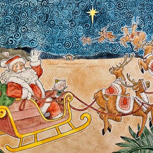 May include: A watercolor painting of Santa Claus riding in a sleigh pulled by reindeer. The sleigh is decorated with red and white stripes and a green bag. The reindeer are brown and have antlers. The background is a starry night sky.
