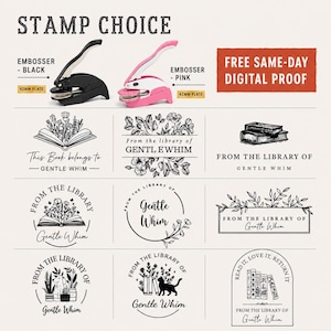 May include: A black and a pink handheld embosser, each with a 42mm plate. Below are nine black ink stamp designs featuring floral, book, cat, and dog illustrations with the text "From the library of Gentle Whim" or "This Book belongs to Gentle Whim".