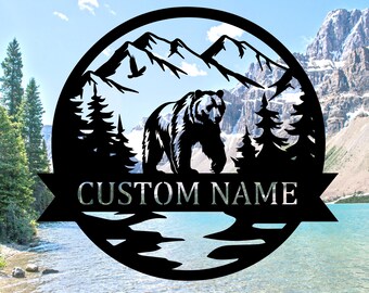 Custom Bear With Mountain Name Metal Sign,Personalized Bear Metal Wall Art,Bear Family Sign,Outdoor Decor,Cabin Decor, Hunter Gift,8-24 inch